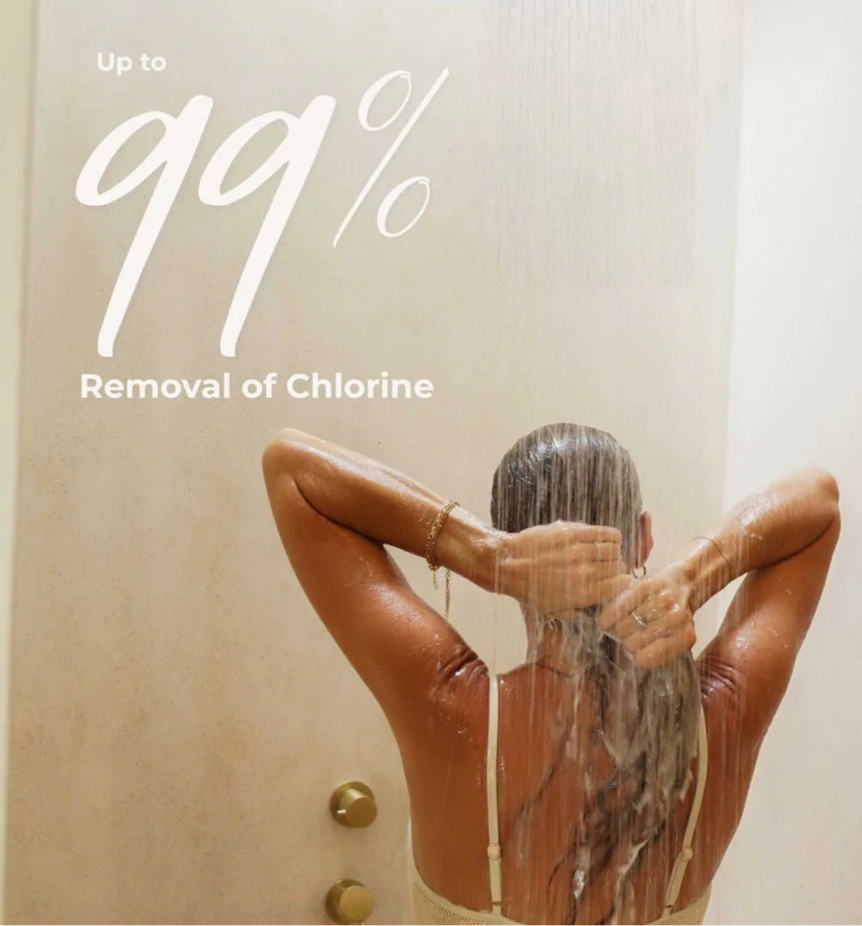 Person showering with text about chlorine removal in a bathroom setting