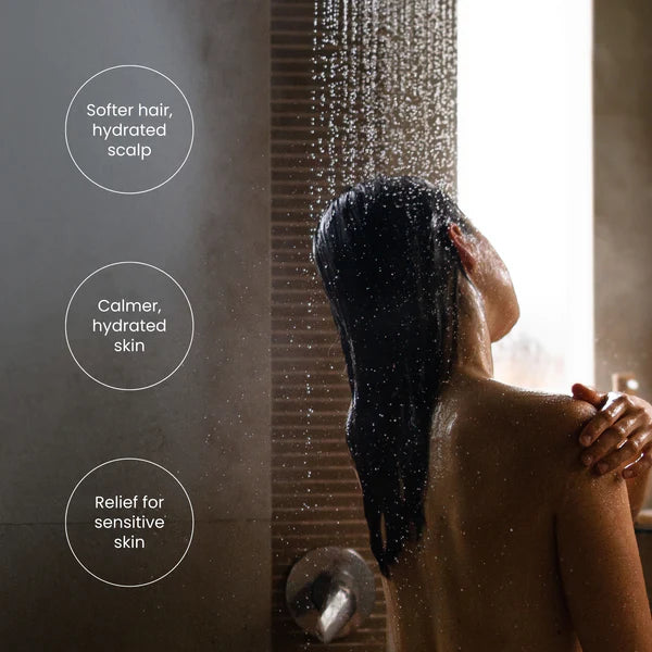Person showering with text about hair, skin, and skin care benefits.