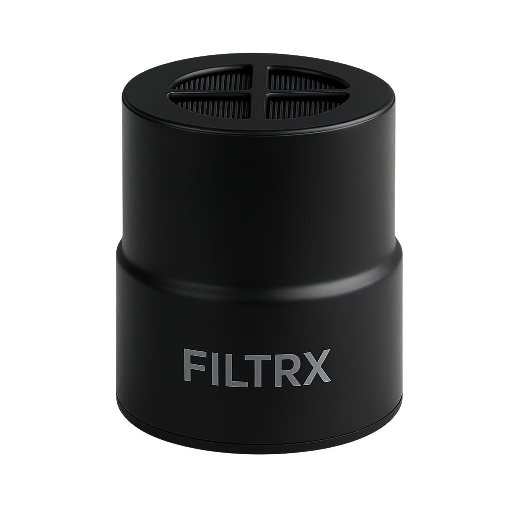 Black cylindrical device with 'FILTRX' branding on a white background