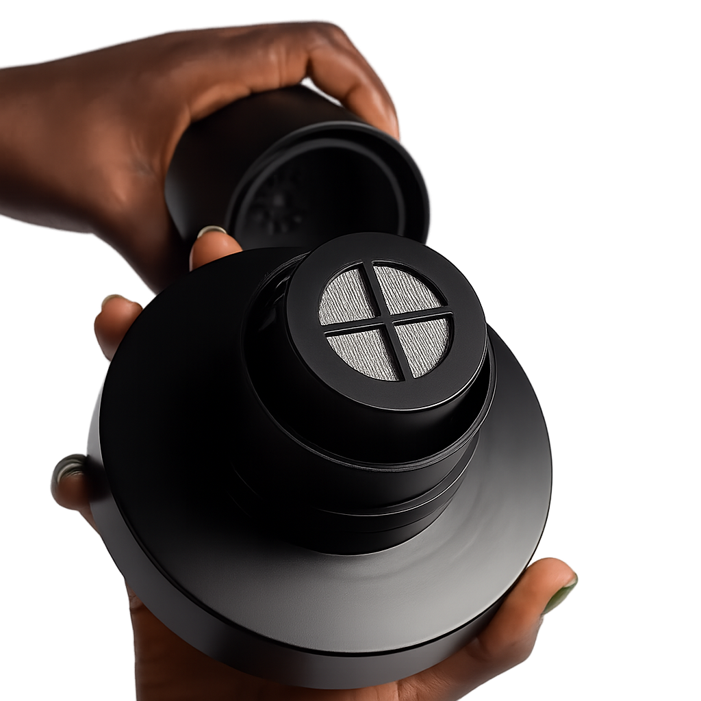 Black cylindrical device with a mesh filter held by hands on a white background